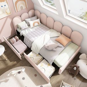 Sweiko Gestoffeerd bed Eenpersoonsbed Opbergbed met Lades Fluwelen slaapbank 90x200cm Jeugdbed en volwassen bed met Vlak noedelsframe, Roze (zonder matras)