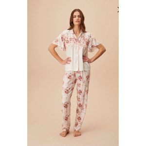 Suwen- Dames Pyjama Set -Homewear -Satijn- Korte Mouwen Ecru Maat XL