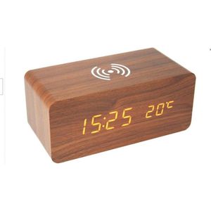Wekker met draadloze mobiele telefoon lader QI met usb kabel stijlvolle houten design 3 alarmen