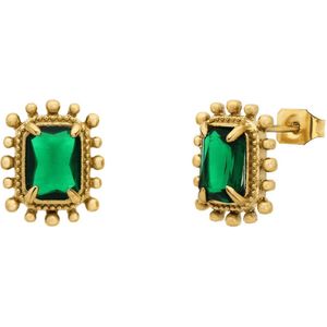 Lucardi - Dames Stalen goldplated oorknop vintage vierkant groen - Oorbellen - Staal - Goudkleurig