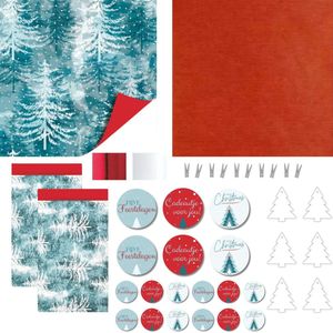 Kerst 42-delige Inpakset Cadeaupapier 4 rollen 30 cm breed - Kerstbomen - Blauw - Wit - Rood - Zakjes Stickers Cadeauverpakking Cadeaulabels Linten