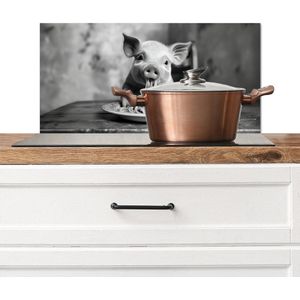 Spatscherm keuken 70x30 cm - Kookplaat achterwand Varken - Schattig - Spaghetti - Zwart wit - Dier - Muurbeschermer - Spatwand fornuis - Hoogwaardig aluminium