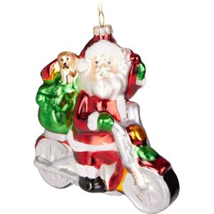 BRUBAKER Motorfiets met Kerstman Rood Groen - Handbeschilderde Kerstbal van Glas - Handgeblazen Kerstboomversieringen Figuren Grappige Decoratieve Hangers Boombal - 12 cm