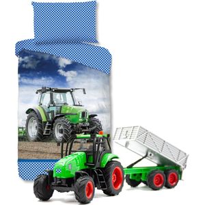 Good Morning Tractor kinderdekbedovertrek - eenpersoons -140x200 cm 100% katoen- Boerderij- incl. Tractor speelset met Kipper .