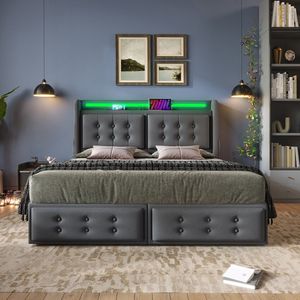 KOMHTOM Tweepersoonsbed Volwassen bed 140x200 met Led-hoofdbord en USB C-oplaadfunctie en 4 laden Linnen Grijs