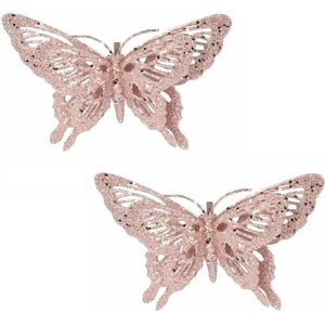 Set van 6x stuks kerstboomversiering roze glitter vlinders op clip 15 cm