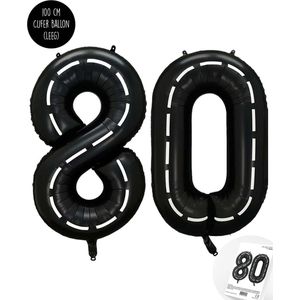 Cijfer Helium Folie Ballon XXL - 80 jaar cijfer - Zwart - Wit - Race Thema - Formule1 - 100 cm - Snoes