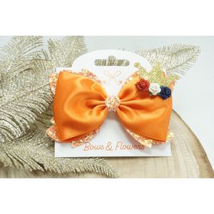 Haarstrik Koningsdag - Satijn - Glitter - Oranje - Roosjes met kroontje - clip - Bows and Flowers