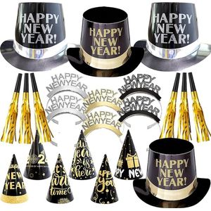 Nieuwjaar 2024 feesthoed Nieuwjaar oudejaarsavond, 4 stuks feesthoeden, 6 stuks driehoekige puntige hoed, 6 gelukkig nieuwjaar hoofdband tiara hoorns hoeden uitblaas en halsketting kit