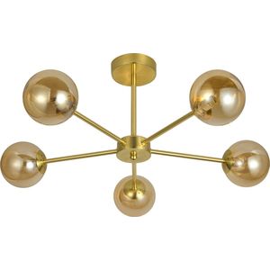 Goudkleurige plafondlamp met amberkleurig glas, 5-lichts - Louisa