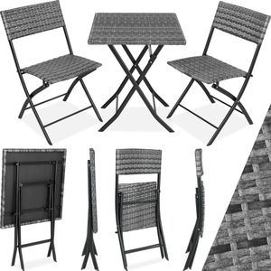 tectake�® - wicker balkon- of tuinbistroset, zitgroep met 2 stoelen en 1 kleine eettafel, ruimtebesparend opklapbaar, tuinmeubelen, balkonmeubel klein balkon - grijs - poly-rattan