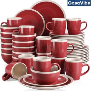 CasaVibe Luxe Serviesset – 48 delig – 12 persoons – Porselein - Bordenset – Dinner platen – Dessertborden - Kommen - Mokken - Set - Rood - Wit