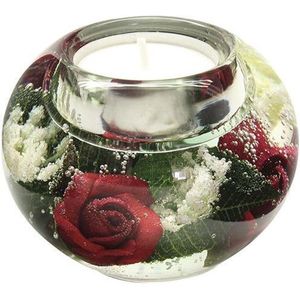 waxinelichthouder met rode bloemen - 6x8 cm handgemaakte glazen waxinelicht houder - sfeervolle windlicht decoratie