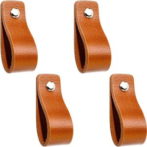 Buffel&Co Leren Handgrepen – Meubelgreep – Handvaten Kast – Keukengreep – Ladegreep – Leren Lus – Incl. Sierschroeven Zilver - Set van 4 – 100% Buffel Leer - Cognac