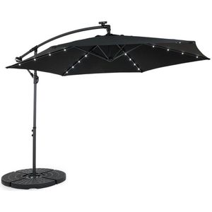 Zweefparasol met LED Verlichting – Luxe Parasol Ø 3 Meter – Draaibaar en Inklapbaar – Tuinparasol met Solar LED Lampen – Zonwering voor Tuin, Terras of Balkon – Inclusief Parasolvoet