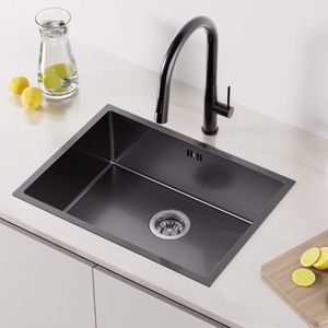 Auralum max Spoelbak Keuken Antraciet - 60x44cm Spoelbakken Keuken - I nbouw gootsteen 1 kom met sifon - afvoer en overloopset