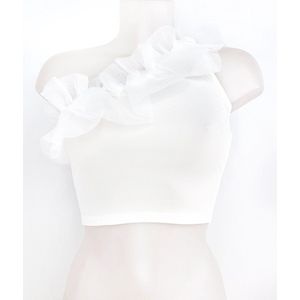 Ruffle crop top - Wit - One shoulder top - Korte top - Zonder mouwen - Ruffle rand halslijn - One-size - Een maat