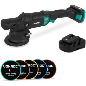 VONROC PRO Excentrische Polijstmachine 20V - Ø 125mm - Brushless motor – 7 snelheden (2000-5000/min) - Soft Start– Complete set incl. 2.0Ah Accu, Snellader en 5 Polijstschijven
