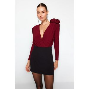 Trendyol Bordeauxrode Body Met Dubbele Rij Knopen En Rozenaccessoire Tpraw24Bd00012
