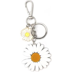 Tashanger sleutelhanger met bloemen zonnebloem madeliefje met zilverkleurige musketonhaak en ring