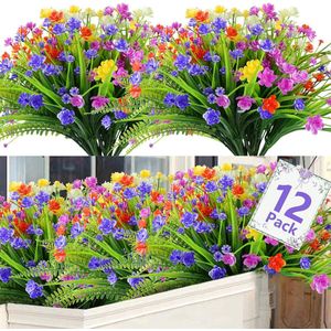 12 bundels kunstbloemen, 5 kleuren, UV-bestendige kunstplanten voor buiten, kunstbloemen zoals echte, nepbloemen, decoratieve plastic bloemen voor balkon, binnenvaas, pot,