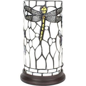 Tiffany Tafellamp Ø 15x26 cm  Wit Grijs Glas Kunststof Rond Libelle Tiffany Bureaulamp Tiffany Lampen Glas in Lood