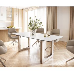 Eettafel Edge Bootsform keramiek Laminam® Statuarietto wit 200x100 roestvrij staal breed