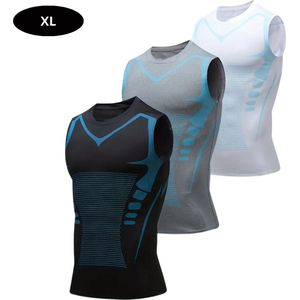 Bovista Sportshirt Heren - Sport - Fitness - Compressie Shirt - Corrigerend Hemd - Sportkleding - Mannen - 3 Stuks - Zwart Grijs Wit - XXXL