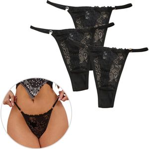 3 Pack - Sexy Dames String Zwart - Kant - 95% Katoen - Onderbroek Met Kanten Design - Dames Lingerie / Ondergoed Set - Maat S