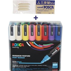 Posca PC-5M Marker set – 16 stuks + 3 vervangbare tips