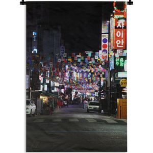 Wandkleed Zuid-Korea - Internationale vlaggen hangen in een straat in Zuid-Korea Wandkleed katoen 90x135 cm - Wandtapijt met foto