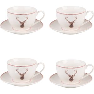 HAES DECO - Kop en Schotel set van 4 - inhoud 200 ml - kleuren Beige / Wit - Bedrukt Porselein met Hert - Theeservies, Koffieservies, Kerstservies, Theekoppen, Koffiekoppen