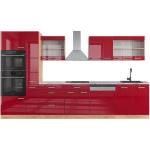 Vicco R-Line Complete keukeneenheid – 350 cm met hoge kast, WB Marmer Bordeaux hoogglans/gouden eik met hoge kast, WB Marmer