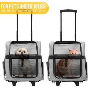 Deluxe rugzak/reistas voor huisdieren met dubbele wielen, groot, grijs