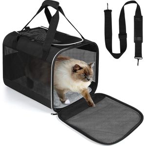 Kattentransportbox, kattentransportbox tot 6,5 kg, hondenbox, opvouwbaar, ademend, met afneembaar pluche kussen, hondentransportbox auto voor kamperen, reizen, dierenartsbezoek (45 x 30 x 30 cm, zwart)