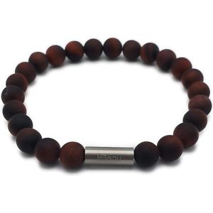 H-Beau - Handgemaakte Armband van Edelstenen - Natuurstenen - Rode Tijgeroog Kralen - RVS Kraal - 8mm - lengte 21cm – Rood - Zwart - Heren - Uniseks - Sterrenbeeld - Horoscoop - Leeuw - Tweeling