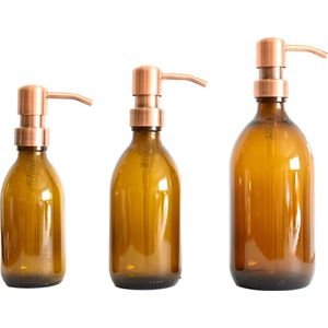 Groeikruid® Zeeppompjes Set voor Keuken, Badkamer en Toilet | Zeepdispensers 200 ml + 300 ml + 500 ml | Vrijstaand en Hervulbaar | Amber Glas met RVS pompkop | Koper