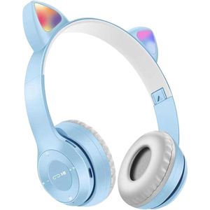 XBOON© Koptelefoon met Katten Oortjes - Draadloze LED Verlichting - Lichtblauw - Kinder koptelefoon - Bluetooth - Snel Laad Functie