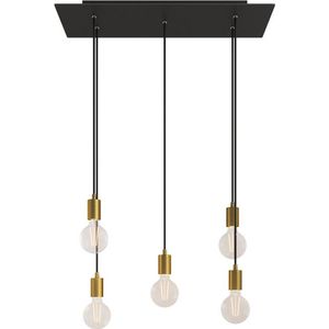 5-lichts hanglamp zwart 67.5cm rechthoekig XXL Rose-One stoffen kabel en metalen afwerking