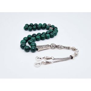Handgemaakte Circulaire Letters tesbih ""tasbih"" 33 Kralen Natuursteen “ Malachiet” - met metaal tassel - Met je Letters of de Letters van uw geliefde- 10 mm diameter van de korrel
