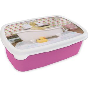 Broodtrommel Roze - Lunchbox - Brooddoos - Eend - Bad - Badeend - 18x12x6 cm - Kinderen - Meisje