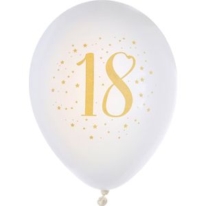 Santex verjaardag leeftijd ballonnen 18 jaar - 8x stuks - wit/goud - 23 cm - Feestartikelen