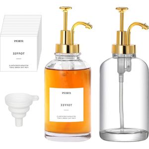 Koffiesiroop pompdispenser set - 35 stickers - glazen oliedispenser - 400 ml - 2 stuks goud
