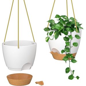 25cm Hangende Plantenpotten met Watering Inlet en Drainagegaten - Zelf Water gevende Plantenbak - Plastic Bloempot voor Binnen en Buiten Planten (Wit Set van 2)