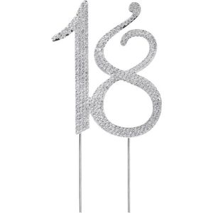 Nummer 18 - Taart Topper Met Steentjes - Metalen 18e Verjaardag taart Decoratie - Kristalsteentjes - Cake Topper - Jubileum Taartdecoratie - Herbruikbaar -  Wasbaar - Zilver