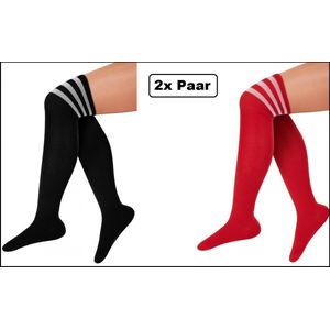 2x Paar Lange sokken zwart en rood met witte strepen - maat 36-41 - kniekousen overknee kousen sportsokken cheerleader carnaval voetbal hockey unisex festival