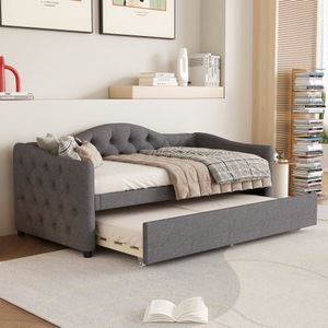 Dagbed, 90x200cm dagbed met uitschuifbaar bed, slaapbank, eenpersoonsbed (zonder matras), linnen, minimalistische styling, grijs