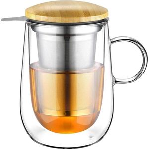 Dubbelwandige glazen theekop met metalen zeef, theeglas van borosilicaatglas, 430 ml