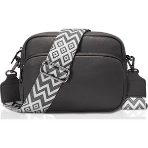 Crossbody tas voor dames - Donker grijs - 22 x 16 x 8 cm - Met aztec schouderriem - Schoudertas voor vrouwen - Verstelbare schouderband - Handtas met ritsen - Waterbestendig - Zilveren hardware - Telefoontas - Festivaltas - PU leer