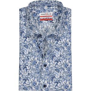 MARVELIS modern fit overhemd - korte mouw - popeline - wit met blauw bloemen dessin - Strijkvrij - Boordmaat: 40